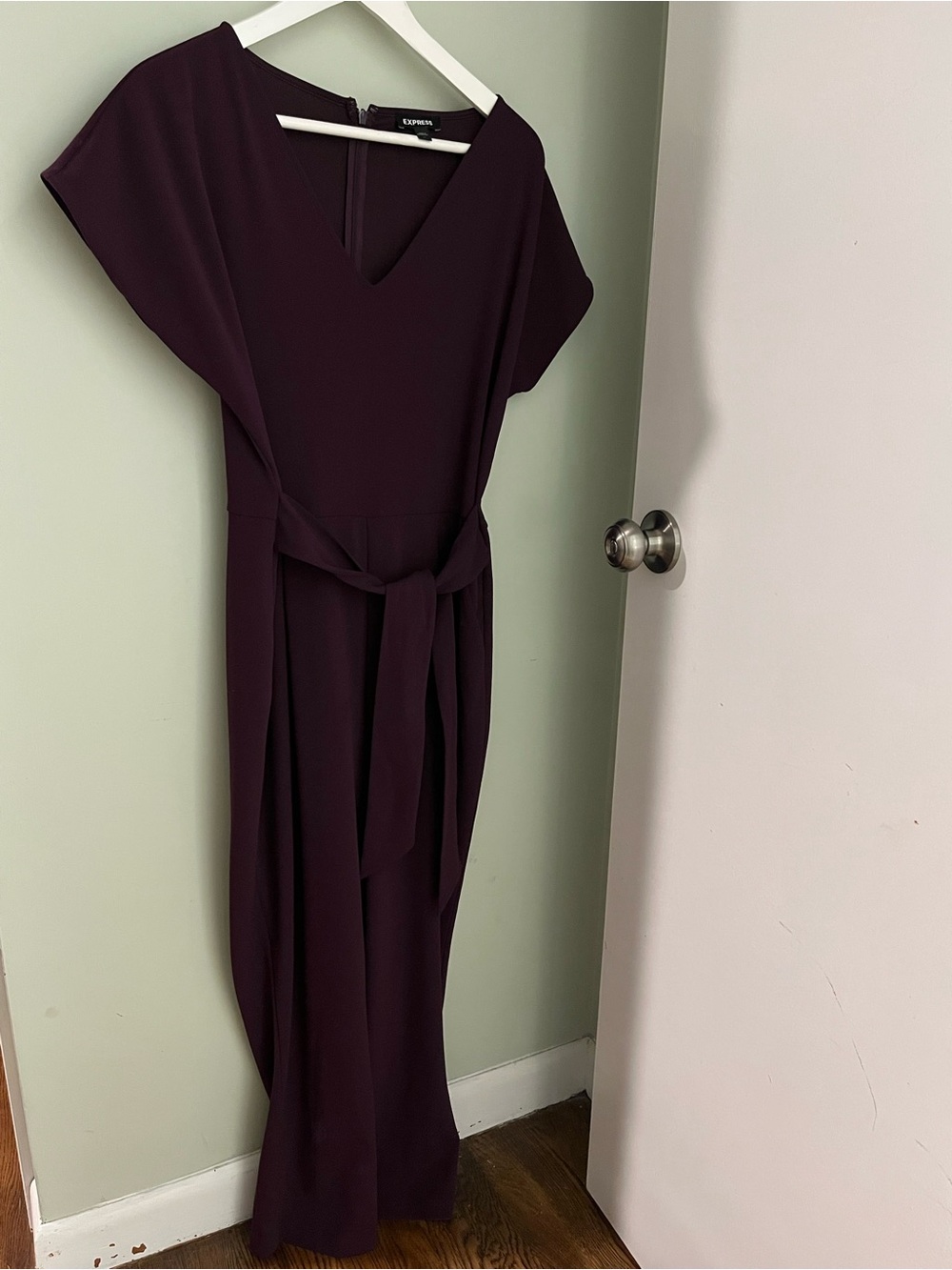 Express Deep Plum V-Neck Tie-Waist Maxi Dress